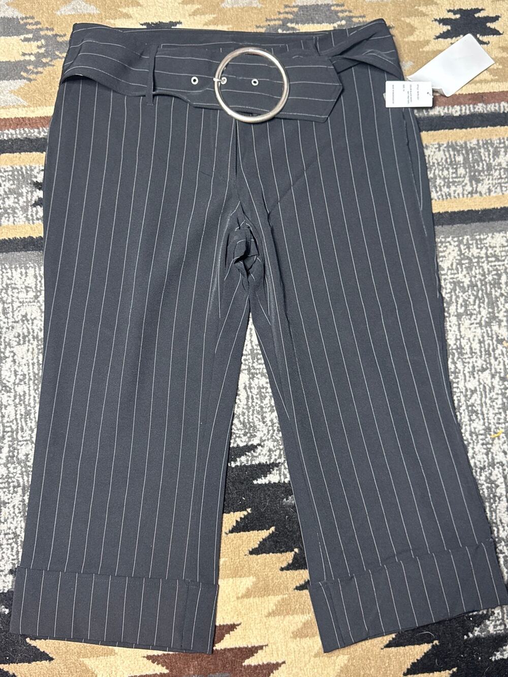 Vezucci Pinstripe Wide Cuffed Capris with Big Belt Buckle- Deadstock NWT Sz 14